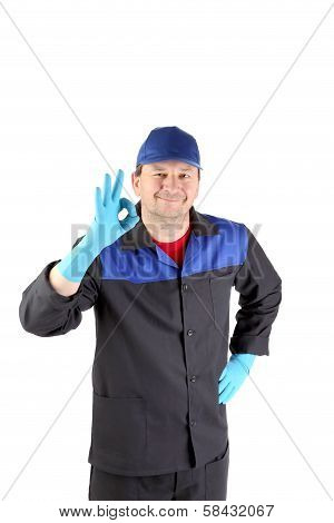 Worker with sign okey.