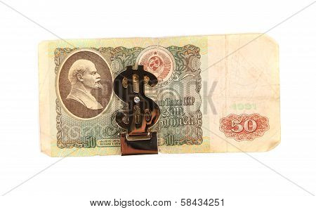 Russian bill and dollar sign.