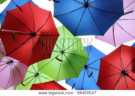 Colourful umbrellas hanging in the air