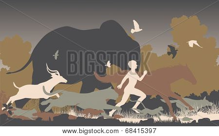 Editable vector silhouettes of a man running together with various animals