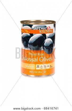 HAYWARD, CA - July 15, 2014: 5.75 oz can of Safeway Kitchens brand Pitted Ripe Colossal Olives, isolated on white