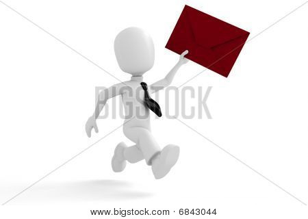 3d man delivering the mail, holding a big red envelope