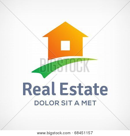 Real estate logo design template icon with house and arrow. Vector color emblem.
