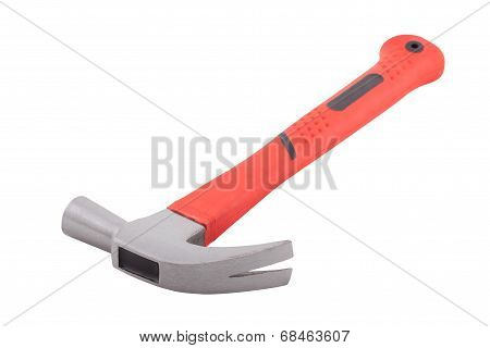 Hammer with red handle.