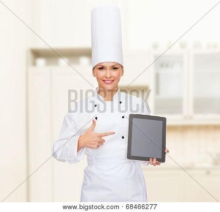 cooking, technology and food concept - smiling female chef with tablet pc computer blank screen