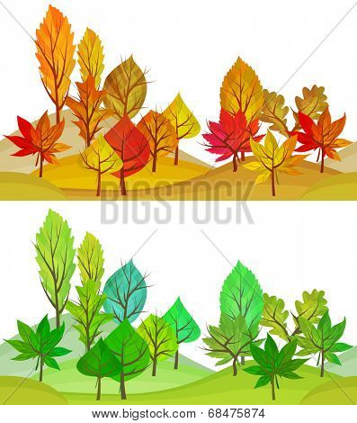 Seamless pattern with summer and autumn trees. Two variants