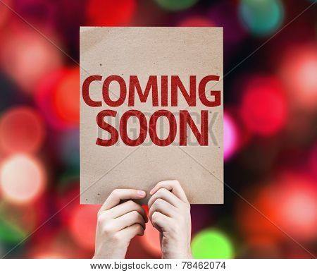 Coming Soon card with colorful background with defocused lights