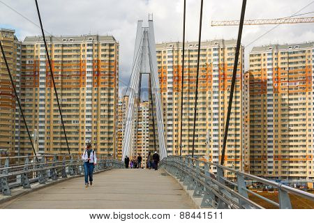 Krasnogorsk, Russia - April 18,2015. Pedestrian Bridge Is Built From Two Pylons, Each Measuring 41 M