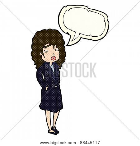 cartoon woman in trench coat with speech bubble