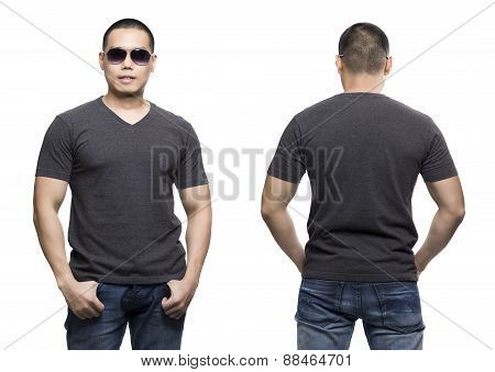 Dark Gray T-shirt On A Young Man Isolated Front And Back-studio Shot.