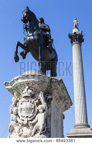 King Charles 1St Statue And Nelsons Column In Trafalgar Square