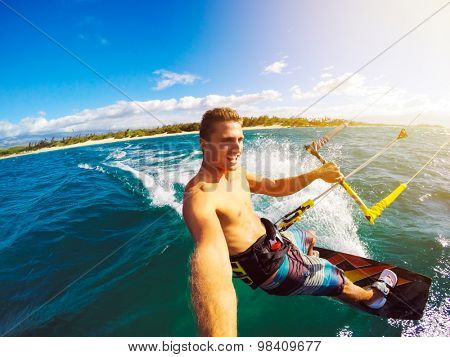Kiteboarding. Fun in the ocean, Extreme Sport Kitesurfing. POV Angle with Action Camera 
