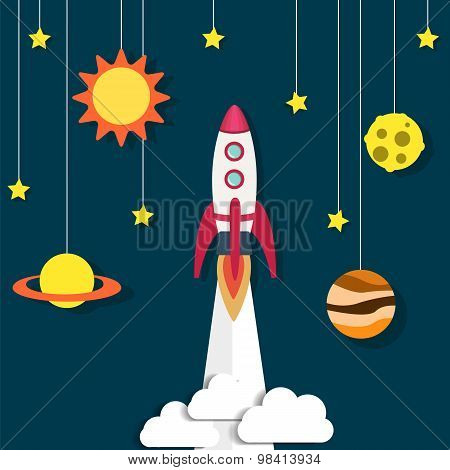 Paper Rocket And Planet, Sun. Retro Background