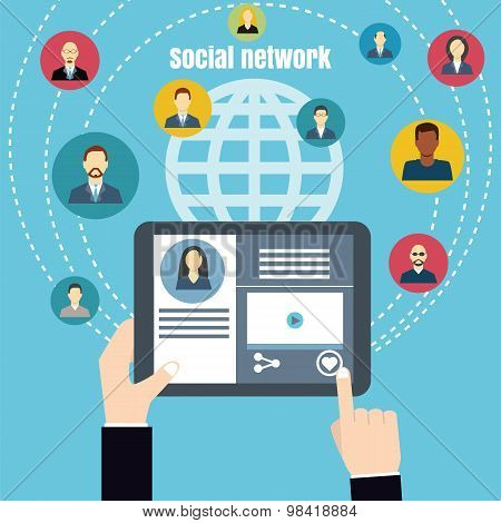 Social Media Network. Man Holding A Tablet