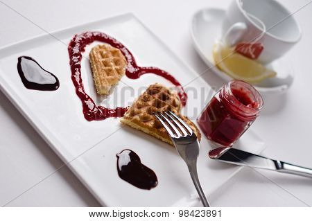 Heart Shaped Waffle, Marmalade, Chocolate Sauce, Vanilla Sticks, Square Plate