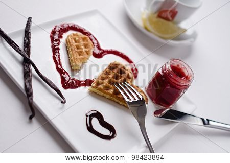 Heart Waffle, Marmalade, Chocolate Sauce, Vanilla Sticks, Square Plate, Tea