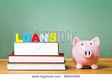 Student Loan Theme With Textbooks And Piggy Bank