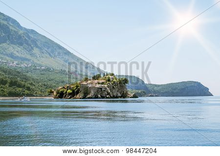 Island-hotel Of Sveti Stefan In Montenegro In Sunrise