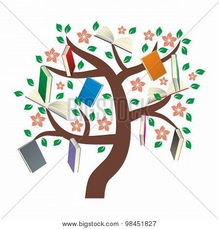 Knowledge Tree With Leaves, Flowers And Books