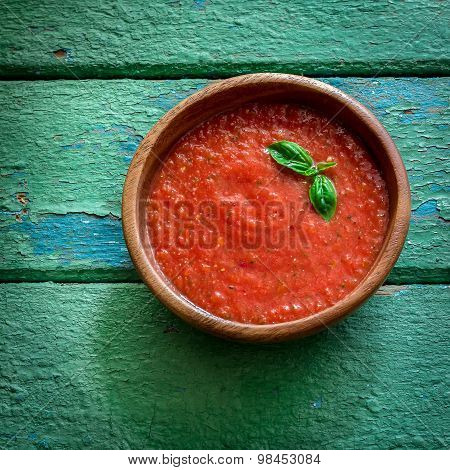 Tomato Gazpacho Soup On Old Wooden Table.