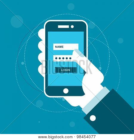 Smartphone with login form on screen in hand