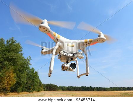 PILSEN CZECH REPUBLIC - AUGUST 11, 2015: Drone quadrocopter Dji Phantom 3 Professional with high resolution digital camera (High quality 4K). New tool for aerial photo and video.