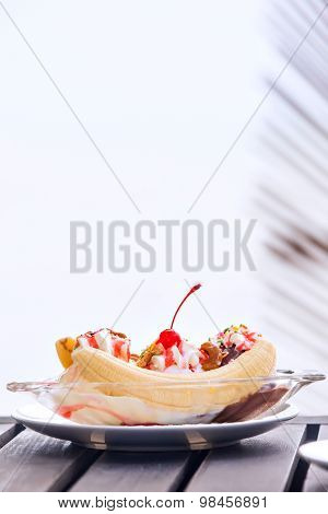 Banana Split Ice Cream With Whipped Cream And Cherry