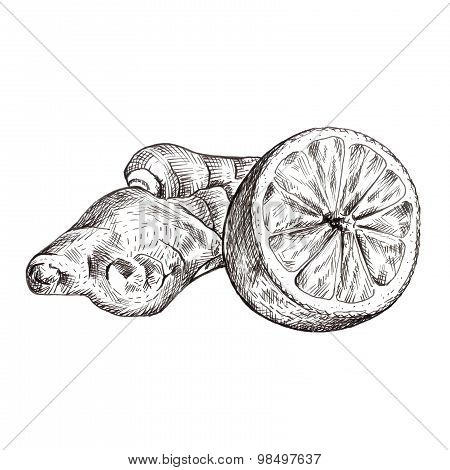 Ginger root and lemon ink sketch