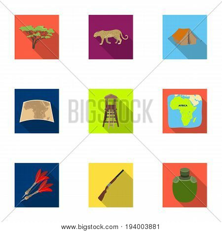 Rifle, mask, map of the territory, diamonds and other equipment. African safari set collection icons in flat style vector symbol stock illustration .