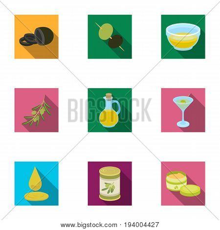 Olives, tree, branch and other products from olives.Olives set collection icons in flat style vector symbol stock illustration .