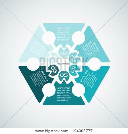 Vector infographic web element of turquoise hexagon shapes with text on the gradient gray background.