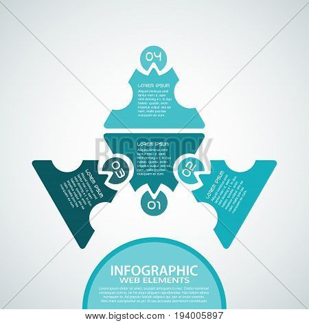 Vector infographic web element of turquoise shapes with text on the gradient gray background.