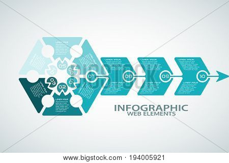 Vector infographic poster of turquoise shapes with text on the gradient gray background.