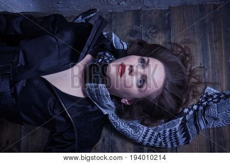 Crime Scene With Strangled Retro Styled Fashion Woman In A Darkplace