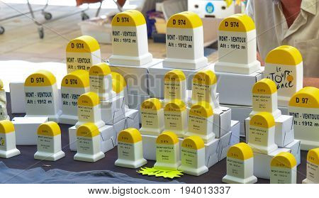 BEDOIN, FRANCE - AUGUST 1, 2016: Small souvenir of level stones of a mountain Mont Ventoux at the market in Provence France