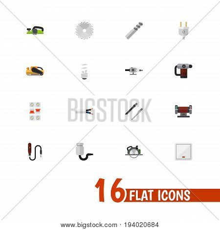 Set Of 16 Editable Electrical Icons. Includes Symbols Such As Fretsaw, Jointer, Buzzsaw And More. Can Be Used For Web, Mobile, UI And Infographic Design.