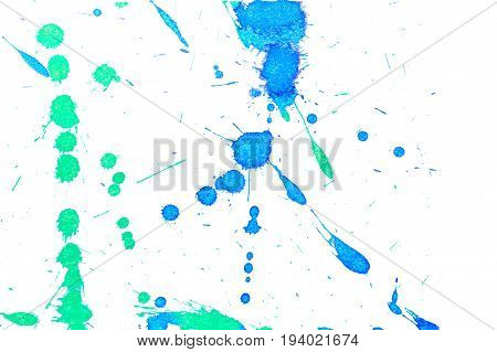 Abstract two-color blue green ink splash. Ink blots. Elements of design. The water-soluble ink on white paper Leste. Abstractionism
