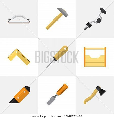 Set Of 9 Editable Apparatus Icons. Includes Symbols Such As Hammer, Instruments, Emery Paper And More. Can Be Used For Web, Mobile, UI And Infographic Design.