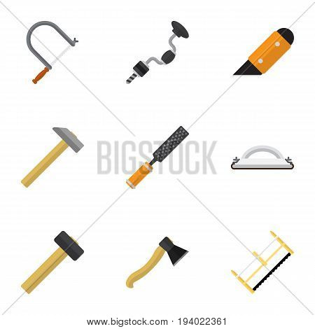 Set Of 9 Editable Equipment Icons. Includes Symbols Such As Emery Paper, Handsaw, Knife. Can Be Used For Web, Mobile, UI And Infographic Design.