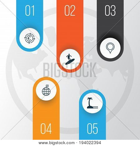 Tourism Icons Set. Collection Of Travel Direction, Boardsports, Island Beach Elements. Also Includes Symbols Such As Man, Island, Visited.