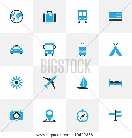 Journey Colorful Icons Set. Collection Of Bus, Bed, Map Pin And Other Elements. Also Includes Symbols Such As Doss, Direction, Mastercard.