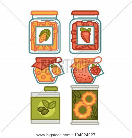 Preserves or preserved food in jar pots and bottles. Vector isolated flat icons set of homemade fruit berry jam or juice compote and pickles of tomato and cucumber vegetables and olive oil can