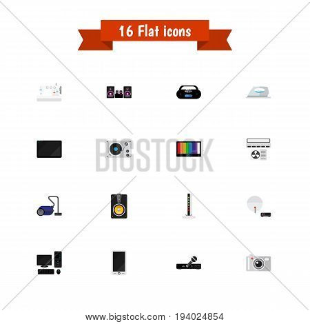 Set Of 16 Editable Technology Icons. Includes Symbols Such As Ventilation, Microphone, Stereo System And More. Can Be Used For Web, Mobile, UI And Infographic Design.