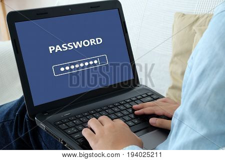 Man typing password on labtop screen background cyber security concept
