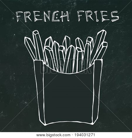 French Fries in Paper Box. Fried Potato Fast Food in a Package. Vector Illustration Isolated on a Black Chalkboard Background. Realistic Hand Drawn Doodle Style Sketch.