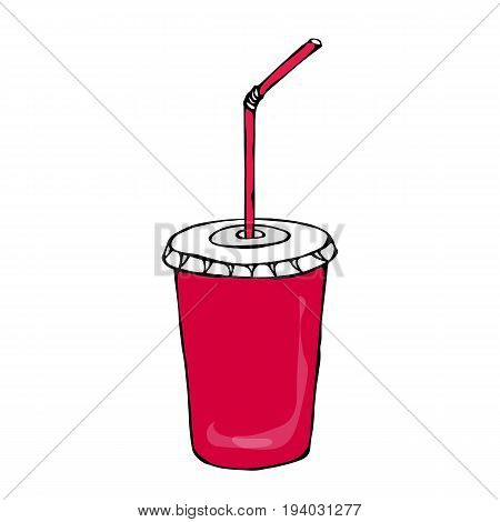 Red Paper Cup with Lid and Straw, Glass for Beverage Takeaway. Realistic Hand Drawn Doodle Style Sketch. Vector Illustration Isolated On a White Background.