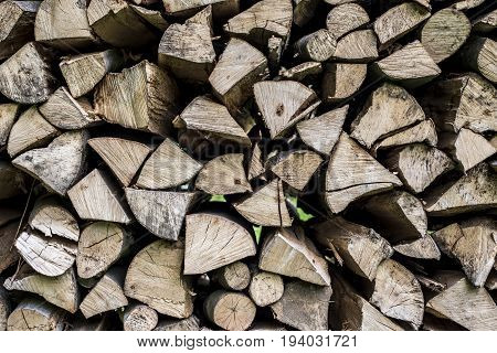 Abstract photo of a pile of natural wooden logs background dry chopped firewood logs ready for winter