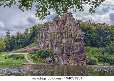 The Externsteine striking sandstone rock formation in the Teutoburg Forest Germany North Rhine Westphalia