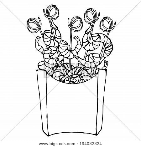 Shrimp on Wood Stick, Prawn Kebab, Seafood BBQ, Canapes in Paper Box. Sea Fast Food in Package. Realistic Hand Drawn Doodle Style Sketch. Vector Illustration Isolated On a White Background