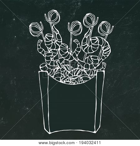 Shrimp on Wood Stick, Prawn Kebab, Seafood BBQ, Canapes in Paper Box. Sea Fast Food in Package.Vector Illustration Isolated on a Black Chalkboard Background. Realistic Hand Drawn Doodle Style Sketch.